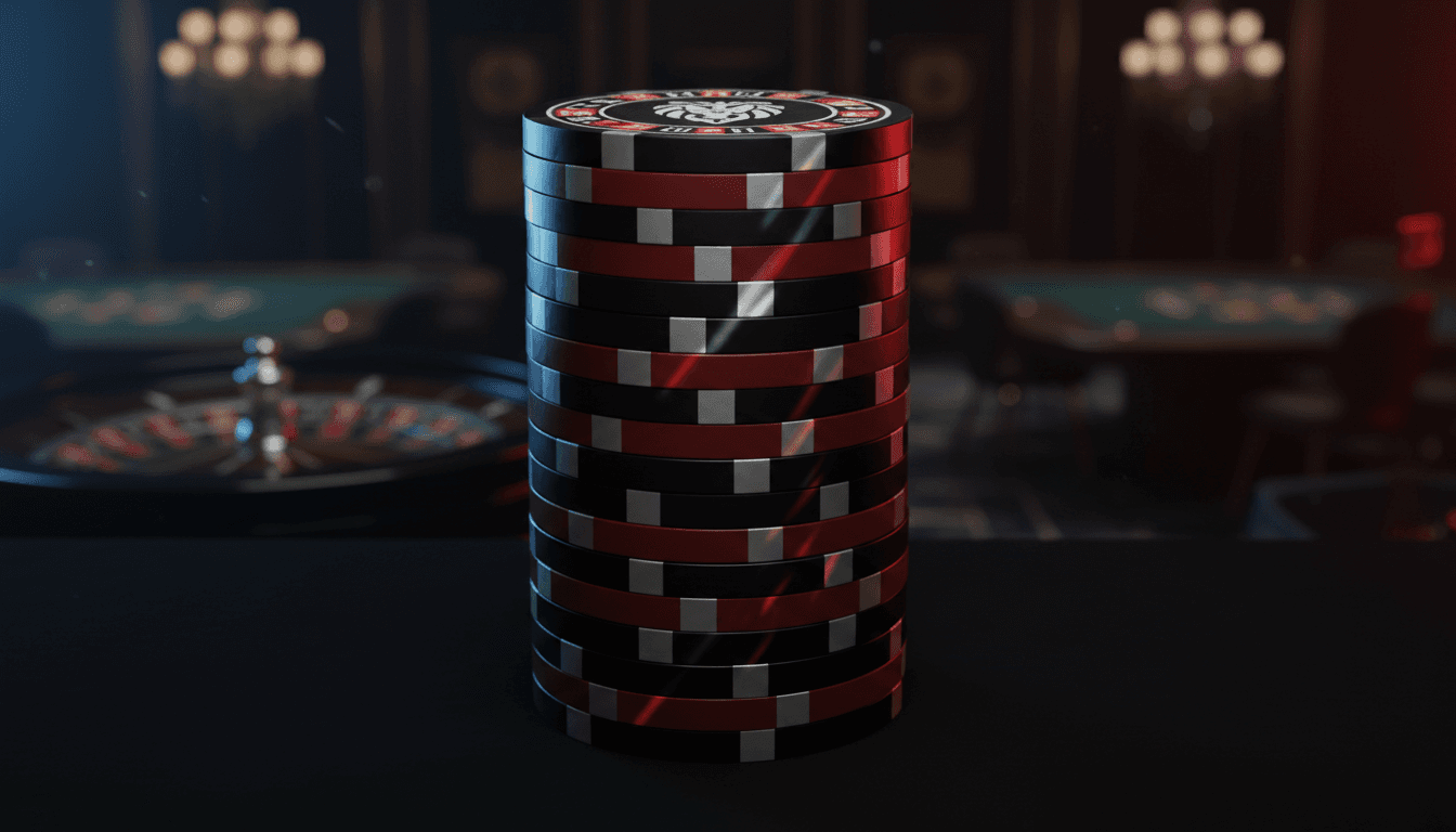 Casino chips stacked under dramatic neon lighting with professional dark aesthetic